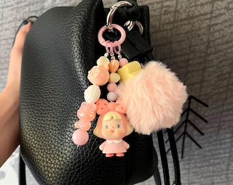 Pink Kawaii Bag Charm with Mini Doll, Fluffy Pom Pom, Pastel Beads Keychain