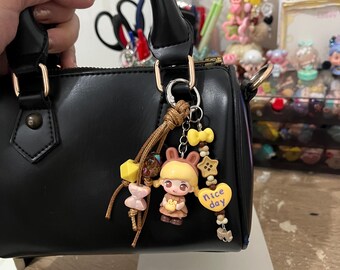 Handmade Kawaii Bag Charm with Mini Doll | Brown Yellow Beaded Keychain, Autumn Style Accessory