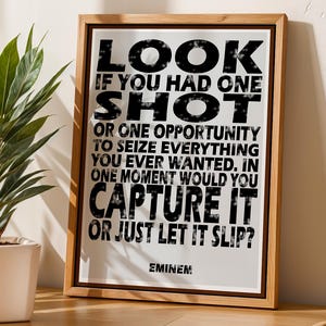 May include: A framed print with the text "LOOK IF YOU HAD ONE SHOT...CAPTURE IT OR JUST LET IT SLIP?" by Eminem. The wooden frame surrounds a white background with black text. A potted plant sits to the left.