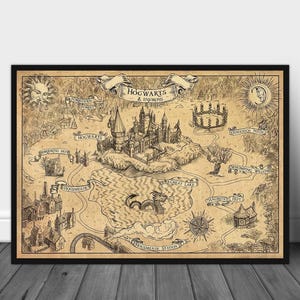 May include: A framed map of Hogwarts and its surroundings, rendered in sepia tones. The map features detailed illustrations of the castle, lake, and various locations, including the Forbidden Forest and Hogsmeade. The title "Hogwarts & Environs" is displayed on a banner.