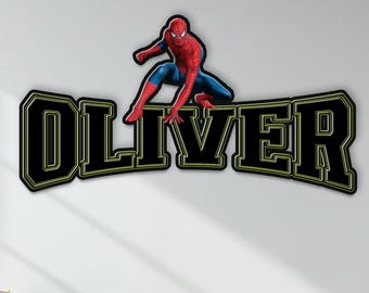Spider-Man Custom Name Wooden Wall Decor, Personalized Kids Room Sign, Superhero Nursery Wall Art, Boys Door Name Plaque