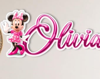 Custom Minnie Mouse Wooden Name Sign, Personalized Nursery Wall Decor, Custom Girls Room Name Plaque, Pink Disney Kids Room Wall Art