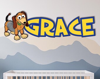 Personalized Toy Story Slinky Dog Wooden Name Sign for Kids Room, Custom Character Nursery Wall Decor with Child Name