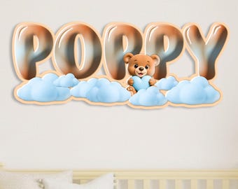 Personalized Wooden Teddy Bear Wall Decor, Custom Nursery Sign, Cloud Kids Room Wall Art