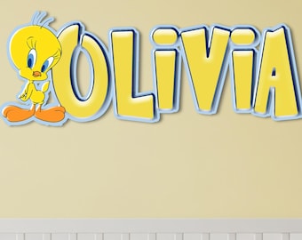 Tweety Custom Name Wooden Wall Decor, Personalized Kids Room Name Sign, Nursery Wall Art, Cartoon Character Wooden Name Plaque