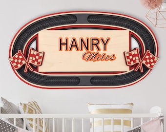 Racing Track Personalized Name Sign, Custom Wooden Wall Decor for Kids, Checkered Flag Nursery Room Art