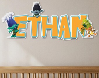 Personalized Trolls Name Sign, Custom Wooden Name Letters for Kids Room, Trolls Nursery Wall Decor, Boys Bedroom Name Wall Art