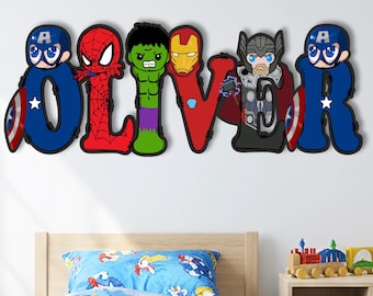 Personalized Superhero Name Sign, Avengers Inspired Wooden Name Letters, Custom Kids Room Wall Decor, Boys Nursery Name Wall Art