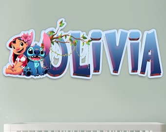 Personalized Kids Name Sign with Lilo & Stitch Style Characters, Custom Wooden Name Letters for Nursery, Kids Room Wall Decor