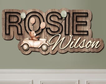 Personalized Baby Boy Nursery Name Sign, Rustic Teddy Bear Wooden Wall Decor, Vintage Classic Car Custom Last Name Sign