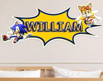 Personalized Wooden Sonic Name Sign, Custom Gaming Nursery Wall Decor, Sonic & Tails Inspired Name Sign, Kids Room Wall Art