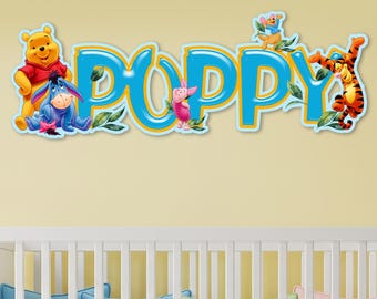 Personalized Winnie the Pooh Name Sign, Custom Wooden Kids Room Wall Decor with Pooh Piglet Tigger, Nursery Name Wall Art