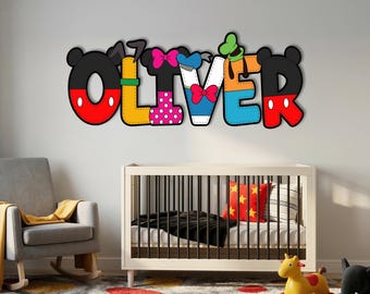 Disney Kids Room Wall Decor, Personalized Mickey Minnie Name Letters, Custom Cartoon Character Nursery Name Sign