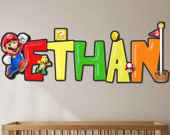 Super Mario Custom Name Kids Room Wall Decor, Personalized Wooden Nursery Name Sign, Mario Bros Themed Door Plaque