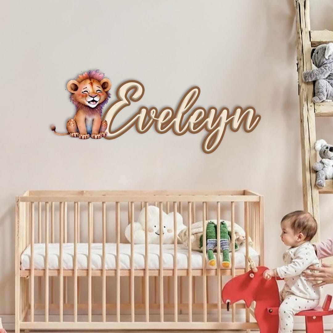 Personalized Wooden Nursery Name Sign With Lion, Custom Kids Room Wall ...