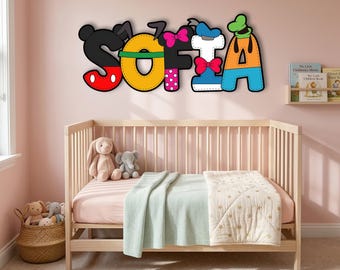 Disney Nursery Decor Name Sign, Personalized Mickey Minnie Kids Room Wall Decor, Custom Wooden Baby Name Letters