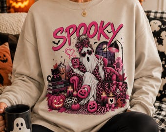 Spooky Coffee Halloween Sweatshirt, Pink Ghost Graphic, Cute Coquette Fall Gift
