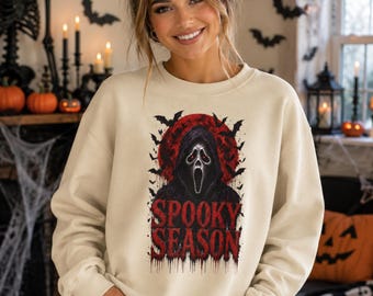 Griezelige Halloween-trui met horrorprint, enge Halloween-sweatshirt, gotische herfstprint.