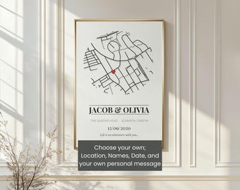 Custom Map Print, Personalised Location, Names, Date, Wedding Gift