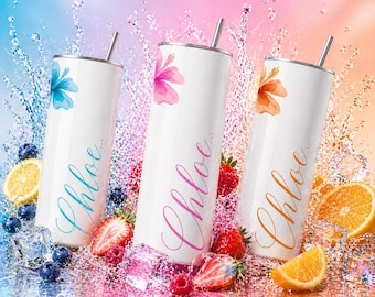 Personalised Floral Hibiscus Tumbler | Watercolour Skinny Cup with Straw (20oz)