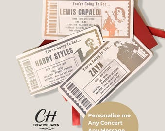 Personalised Custom Concert Ticket & Ribbon Tie Envelope - Real foil finish