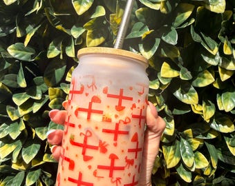 Frosted Glass Tumbler | Strawberry St George's Cross Design, Bamboo Lid