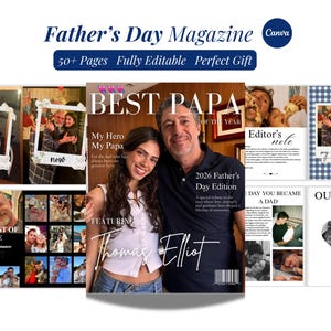 Może przedstawiać: Cyfrowy szablon magazynu na Dzień Ojca z okładką zawierającą tekst BEST PAPA OF THE YEAR, 2026 Father's Day Edition oraz Thomas Elliot. Układ zawiera wiele stron z ramkami na zdjęcia, polami tekstowymi i projektami kolaży.