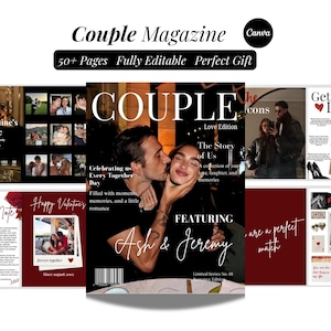Può includere: Una copertina di rivista intitolata "Couple Magazine" con il testo "Love Edition". La copertina presenta una coppia che si bacia. La rivista include il testo "50+ Pages Fully Editable".