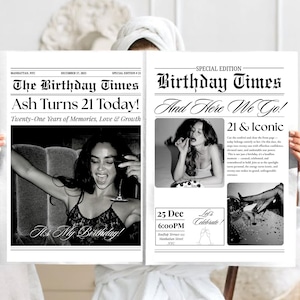 以下が含まれることがあります： 白黒の新聞スタイルの誕生日のお知らせ。「The Birthday Times」の見出しと「Ash Turns 21 Today!」と「Twenty-One Years of Memories, Love & Growth」のテキスト。写真と「It's My Birthday!」のテキストが含まれています。