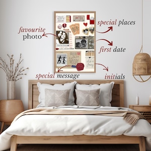 Puede incluir: Un collage enmarcado con fotos, talones de boletos y notas manuscritas. El collage incluye el texto "Match Made in Heaven", "I Love You" y "Love You Forever". Tambi&eacute;n tiene un sello de cera y los nombres "Ash & Jeremy".