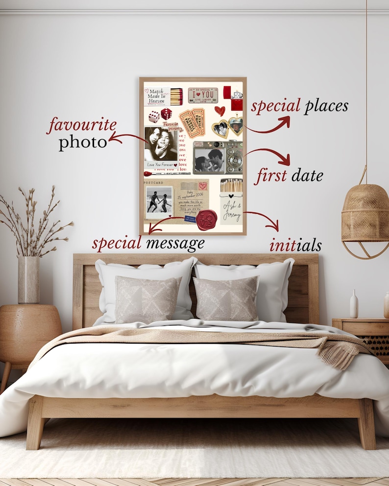 Puede incluir: Un collage enmarcado con fotos, talones de boletos y notas manuscritas. El collage incluye el texto "Match Made in Heaven", "I Love You" y "Love You Forever". Tambi&eacute;n tiene un sello de cera y los nombres "Ash & Jeremy".