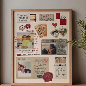 May include: A framed collage print featuring romantic imagery including two polaroid-style photos of couples, a vintage camera, matchboxes labeled Match Made In Heaven and Ash & Jeremy, cinema tickets, a heart-shaped locket, and a wax seal stamp.