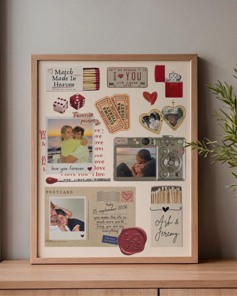 May include: A framed collage print featuring romantic imagery including two polaroid-style photos of couples, a vintage camera, matchboxes labeled Match Made In Heaven and Ash & Jeremy, cinema tickets, a heart-shaped locket, and a wax seal stamp.