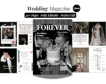 Plantilla de revista de bodas de Canva Programa de bodas Invitación de boda editable Regalo de aniversario para novio Regalo de compromiso personalizado para pareja