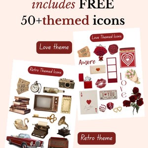 May include: A digital collection featuring over 50 themed icons, including retro items like a vintage car, typewriter, and television, alongside love-themed graphics such as red roses, hearts, and envelopes, all labeled with text headers.
