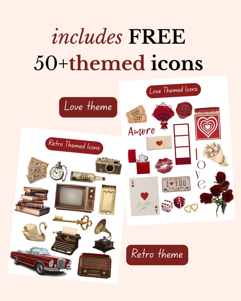 May include: A digital collection featuring over 50 themed icons, including retro items like a vintage car, typewriter, and television, alongside love-themed graphics such as red roses, hearts, and envelopes, all labeled with text headers.
