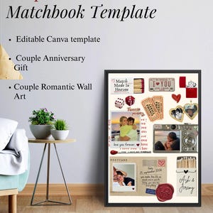 May include: A framed digital collage template featuring a matchbook design with various romantic elements including photos of a couple, cinema tickets, dice, a camera, a postcard from Italy, and a matchbox labeled Ash & Jeremy with a red wax seal.