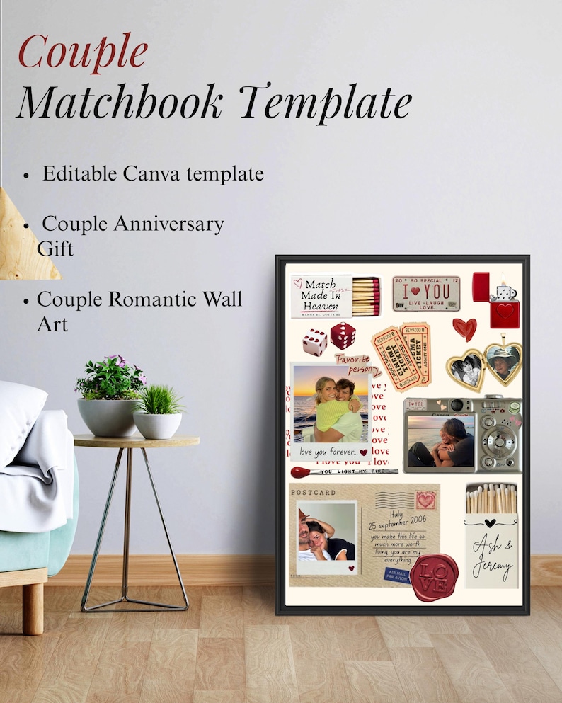 May include: A framed digital collage template featuring a matchbook design with various romantic elements including photos of a couple, cinema tickets, dice, a camera, a postcard from Italy, and a matchbox labeled Ash & Jeremy with a red wax seal.