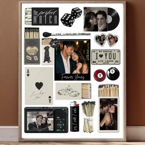May include: A framed collage featuring romantic imagery. Includes photos of couples, playing cards, dice, a vinyl record, and matchboxes with text like "Forever Yours" and "The Perfect Match." A lighter displays the date 25/08/06.