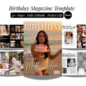 May include: A digital birthday magazine template featuring over 40 editable pages for Canva. The layout includes a cover with a person holding a pink cake on a beach, alongside various interior page designs with photo collages and text.