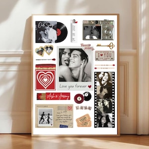 May include: A framed collage featuring black and white photographs, a vinyl record, a lighter, and other memorabilia. The collage includes the text "Our Song," "Love you forever," and "Ash & Jeremy." The color scheme is primarily black, white, and red.