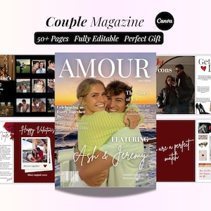 Puede incluir: Una plantilla de revista digital titulada Couple Magazine que presenta una portada con la foto de una pareja abrazada al atardecer, el título AMOUR y varios diseños de páginas interiores con collages de fotos y textos.
