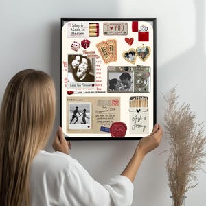 Puede incluir: Un collage enmarcado con fotos, postales y elementos decorativos. El collage incluye el texto "Match Made in Heaven", "I &hearts; YOU" y "Favorite person". Otros elementos son dados, entradas de cine y un sello de cera con "LOVE".
