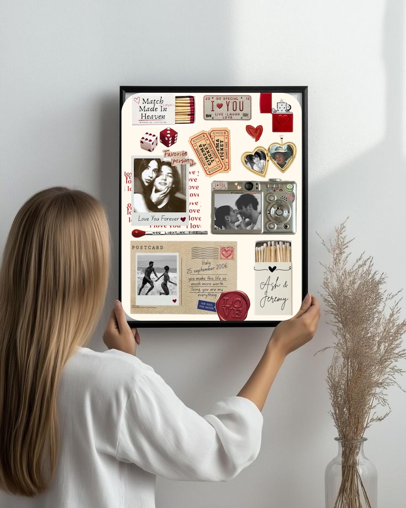 Puede incluir: Un collage enmarcado con fotos, postales y elementos decorativos. El collage incluye el texto "Match Made in Heaven", "I &hearts; YOU" y "Favorite person". Otros elementos son dados, entradas de cine y un sello de cera con "LOVE".