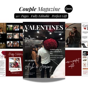 以下が含まれることがあります： 「VALENTINES Love Edition」というタイトルの雑誌の表紙で、赤いバラの花束を持っているカップルがいます。雑誌には「The Story of Us」と「Celebrating us this Valentine's Day」というテキストが含まれています。雑誌のタイトルは「Couple Magazine」です。
