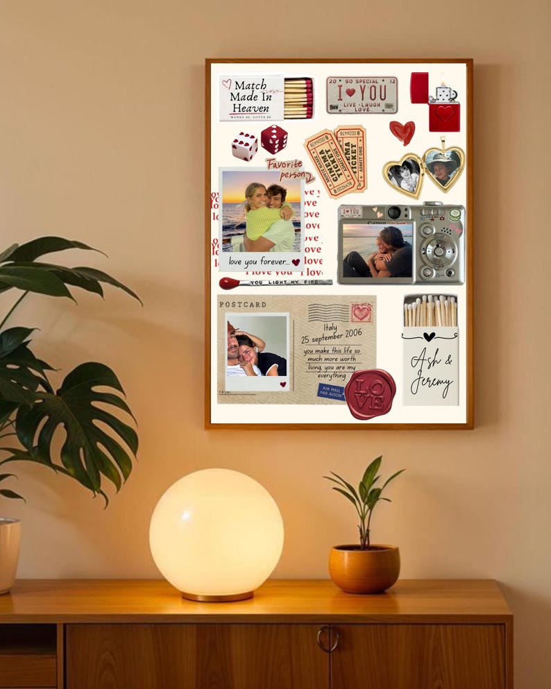 May include: A framed collage print featuring a matchbox labeled Match Made in Heaven, a license plate, a red lighter, dice, cinema tickets, a heart-shaped locket, a digital camera, a postcard with handwritten text, and a matchbox labeled Ash & Jeremy.