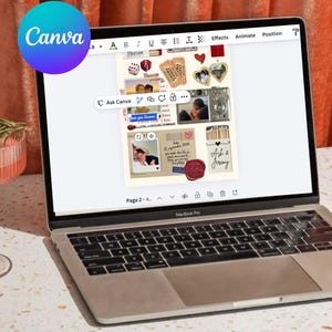 May include: A silver laptop displaying a digital collage on the Canva interface. The collage features various elements including photographs, cinema tickets, dice, a camera, a matchbox labeled Ash & Jeremy, and a red wax seal with the text LOVE.