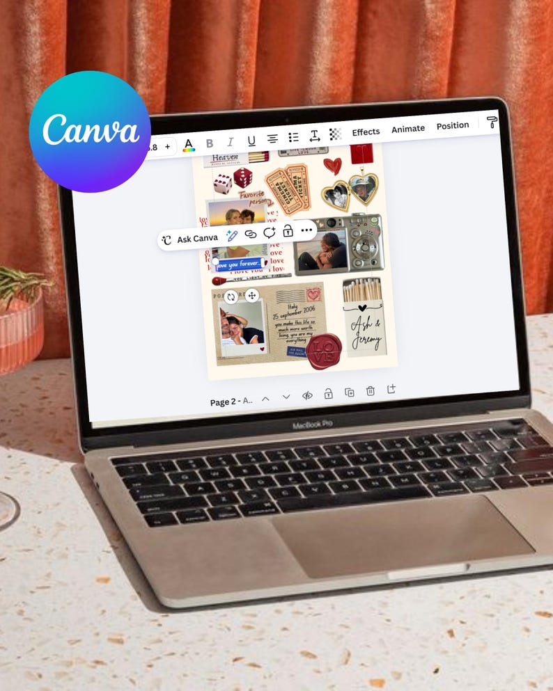 May include: A silver laptop displaying a digital collage on the Canva interface. The collage features various elements including photographs, cinema tickets, dice, a camera, a matchbox labeled Ash & Jeremy, and a red wax seal with the text LOVE.