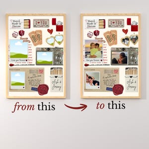 May include: Two framed posters displaying a collage of romantic items including matchboxes, cinema tickets, a heart-shaped locket, a camera, and postcards. The posters feature customizable photo slots, handwritten text, and red wax seals with the word LOVE.