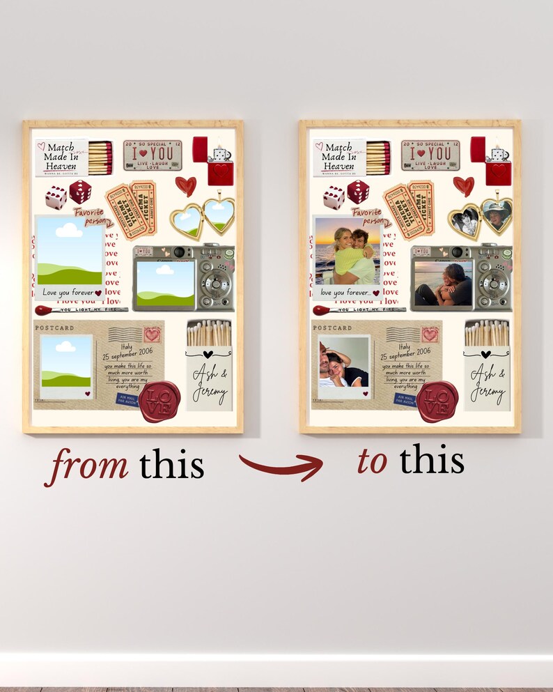 May include: Two framed posters displaying a collage of romantic items including matchboxes, cinema tickets, a heart-shaped locket, a camera, and postcards. The posters feature customizable photo slots, handwritten text, and red wax seals with the word LOVE.